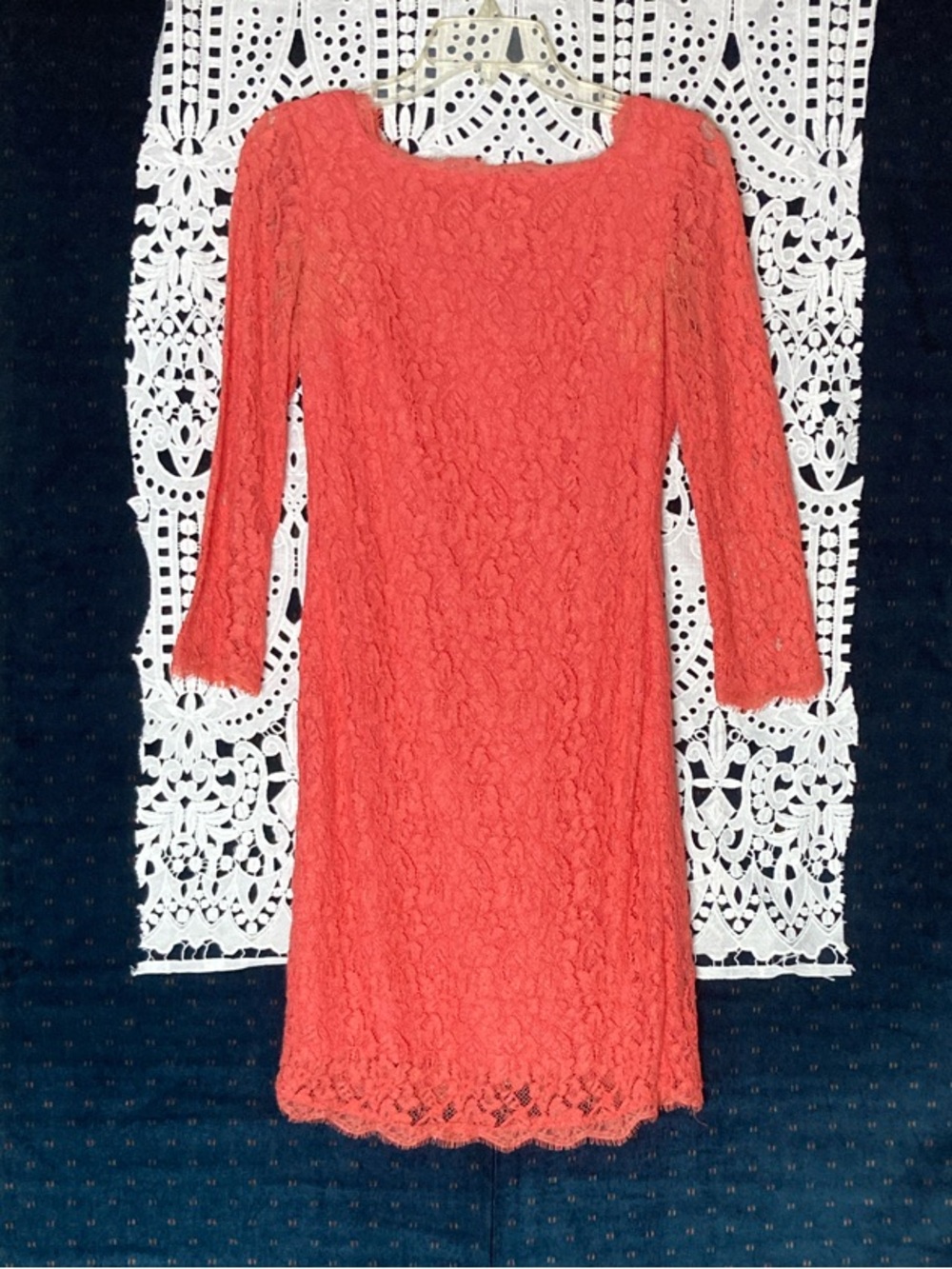 Women's Coral Lace Midi Dress - Classic Long Sleeve